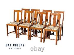 Set of 8 Antique Arts & Crafts Oak Dining Chairs with Tapered Splats