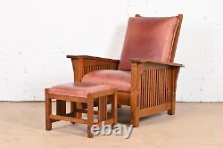 Stickley Mission Arts & Crafts Oak and Leather Reclining Chair with Ottoman
