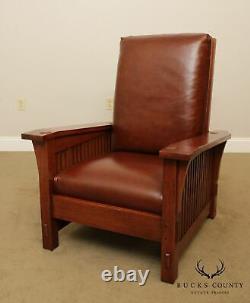 Stickley Mission Collection Oak Spindle Morris Chair, Brown Leather