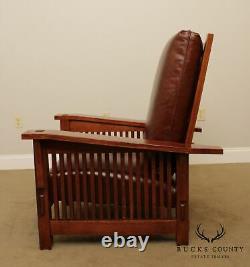 Stickley Mission Collection Oak Spindle Morris Chair, Brown Leather