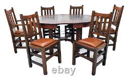 Stickley Oak Mission Arts & Crafts Dining Table 1 Leaf & 6 Chairs Set 1910s