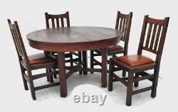 Stickley Oak Mission Arts & Crafts Dining Table 1 Leaf & 6 Chairs Set 1910s