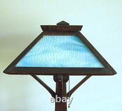 Stunning Antique Arts & Crafts Oak & Blue Slag Glass Mission Table Reading Lamp