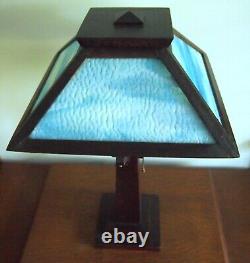 Stunning Antique Arts & Crafts Oak & Blue Slag Glass Mission Table Reading Lamp