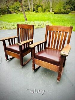 Stunning Pair Harden Mission Arts & Crafts Rockers Oak w Leather Seats