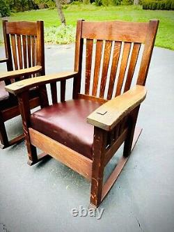 Stunning Pair Harden Mission Arts & Crafts Rockers Oak w Leather Seats