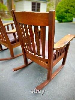 Stunning Pair Harden Mission Arts & Crafts Rockers Oak w Leather Seats