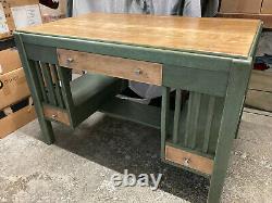 Vintage Antique Mission Style Solid Oak Sage Green Executive 3 Drawer Desk