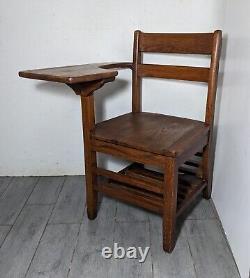 Vintage Antique Student Mission Oak Wood School Chair & Attached Desk