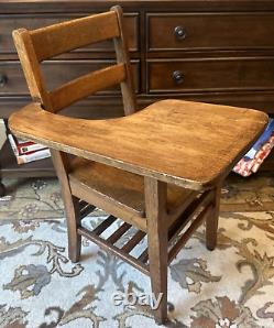 Vintage Antique Student Mission Oak Wood School Chair & Attached Side Desk