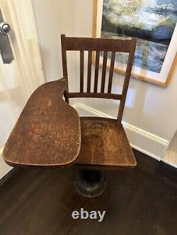 Vintage Antique Student Mission Oak Wood School Chair & Desk With Cast Iron Base