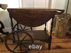Vintage Arts & Crafts Mission Era Tiger Oak Drop Leaf Table Tea Cart