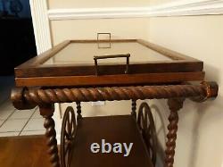 Vintage Arts & Crafts Mission Era Tiger Oak Tea Cart with removable tray
