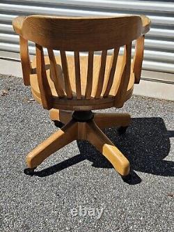 Vintage BOLING Solid Oak Wood Banker Swivel Rolling Office Arm Chair