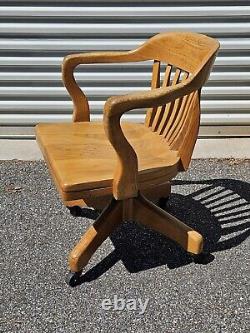 Vintage BOLING Solid Oak Wood Banker Swivel Rolling Office Arm Chair