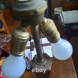 Vintage MISSION ARTS CRAFTS TABLE LAMP. BEST SLAG GLASS SHADE. OAK BASE