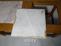 Vintage Mid Century Mission Rustic Oak Wood Coffee Table Square Pink Marble Tops