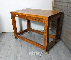 Vintage Solid Mission Oak Wood Mid Century Danish Modern Rolling Table B