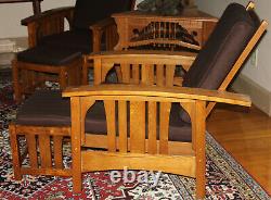 Vintage Stickley-Style Mission Oak Morris Bowed Arm Recliner Chair & Ottoman